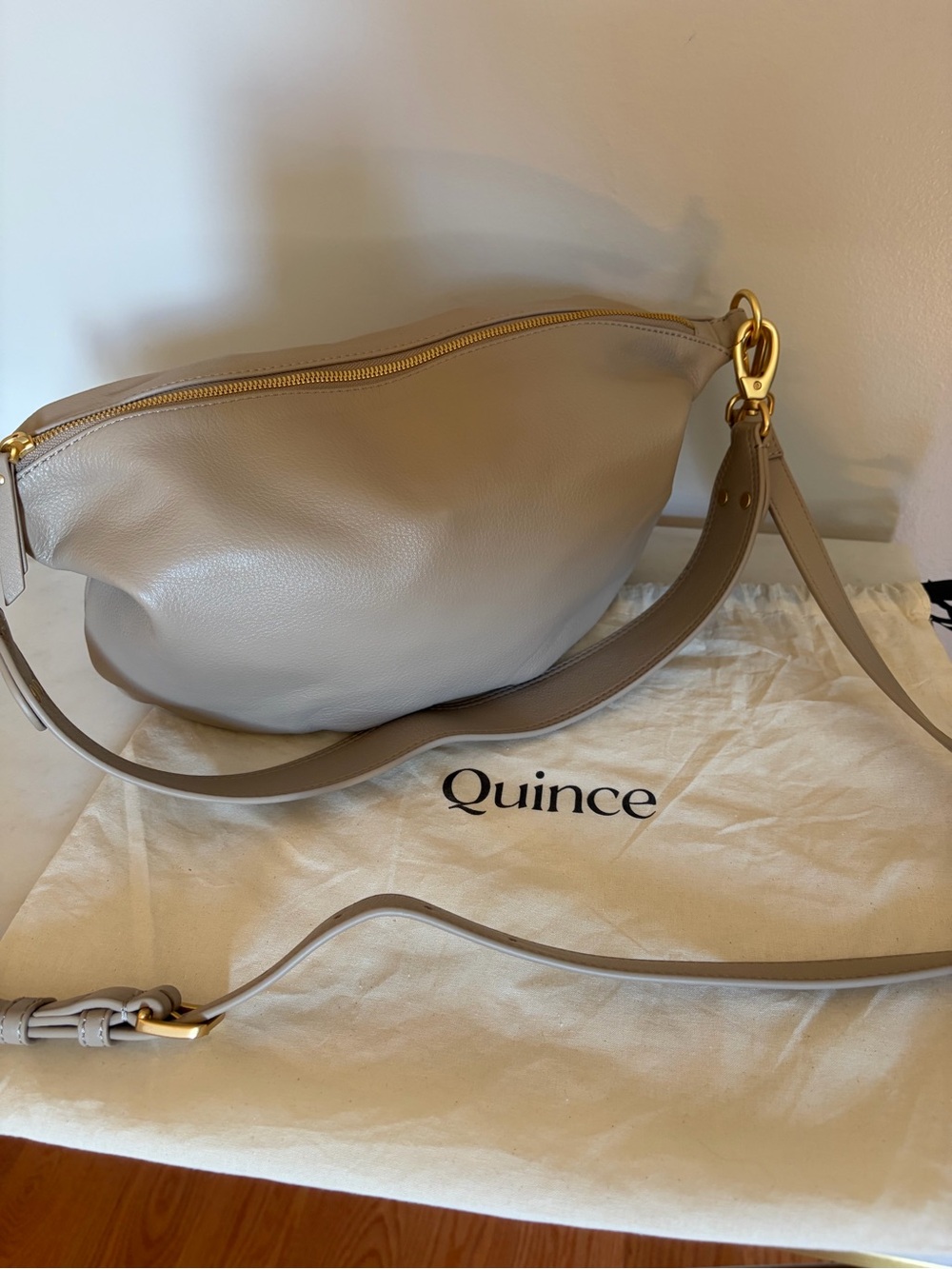 Quince Italian Leather Convertible Crescent Shoulder Bag in Taupe - Picture 3 of 12
